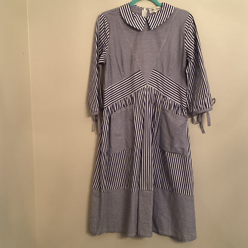 Miss Finch Women’s Striped Navy and White Dress pockets collar medium